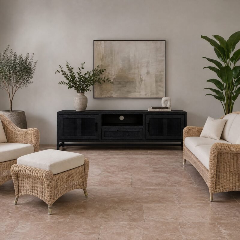 Modern living room with woven rattan seating, beige cushions, a black cabinet, large abstract artwork, and potted plants.