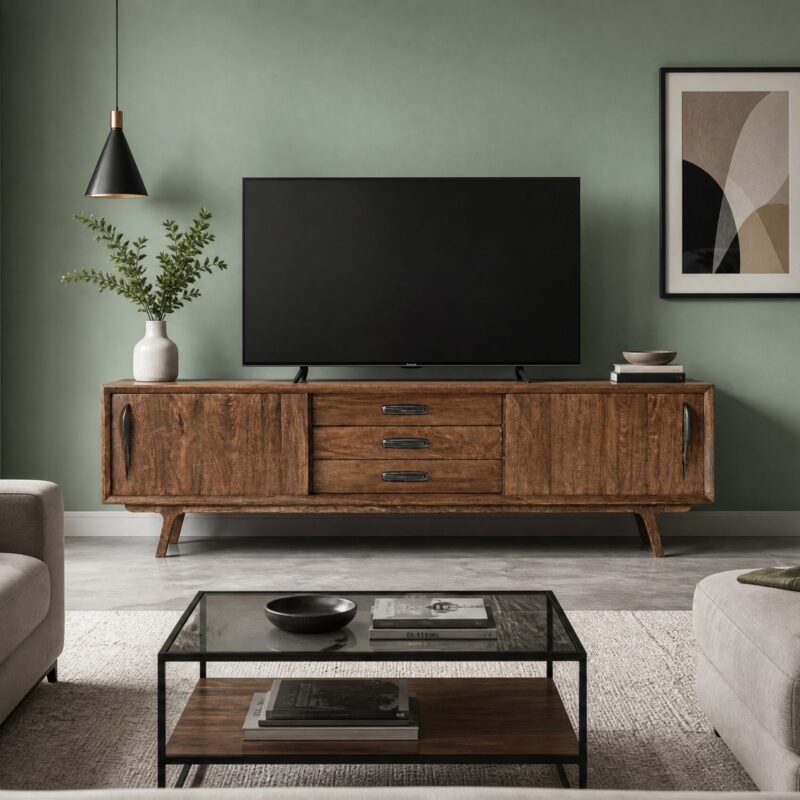 Flat-screen TV centered on a rustic wooden console against a sage green wall, with a vase of greenery, abstract framed art, a black pendant lamp, and large houseplants nearby.