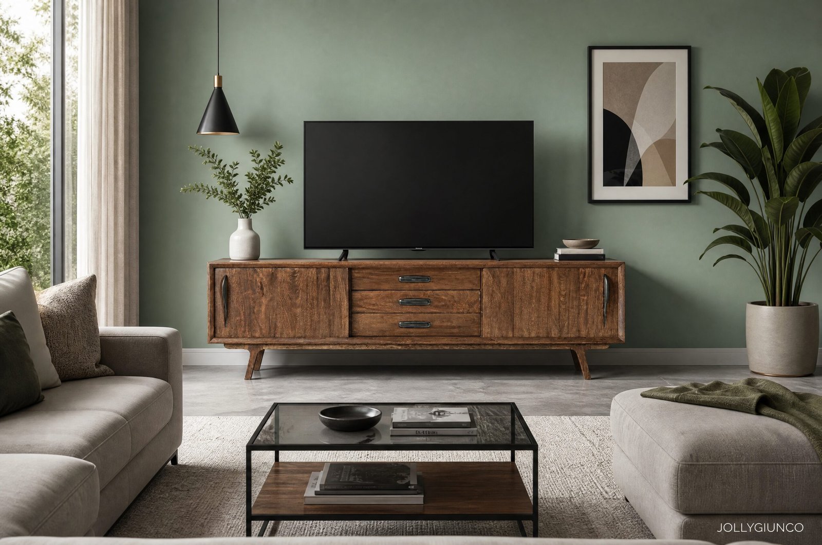 MOBILE PORTA TV 2A-3C SHERMAN10 - JOLLYGIUNCO Flat-screen TV centered on a rustic wooden console against a sage green wall, with a vase of greenery, abstract framed art, a black pendant lamp, and large houseplants nearby.