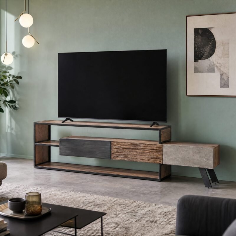 Living room with a large flat-screen TV on a wooden console, green wall, and potted plants by the window.
