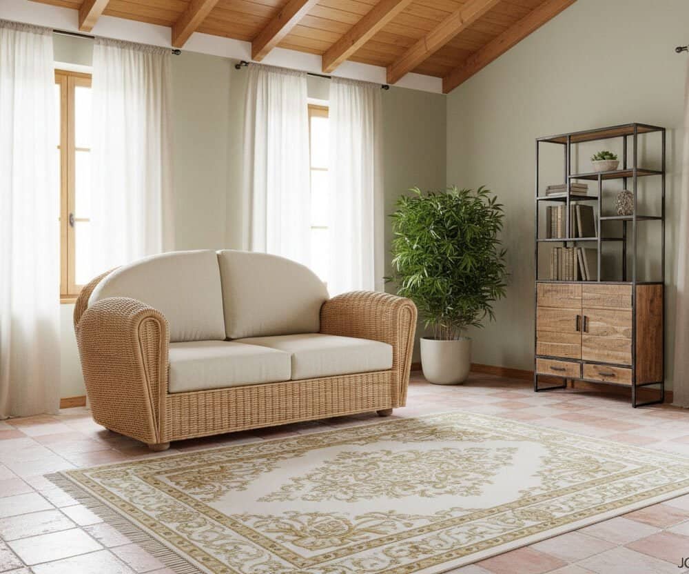 Libreria 2A-2C Elmer in soggiorno con divano e piante, arredo moderno e funzionale.