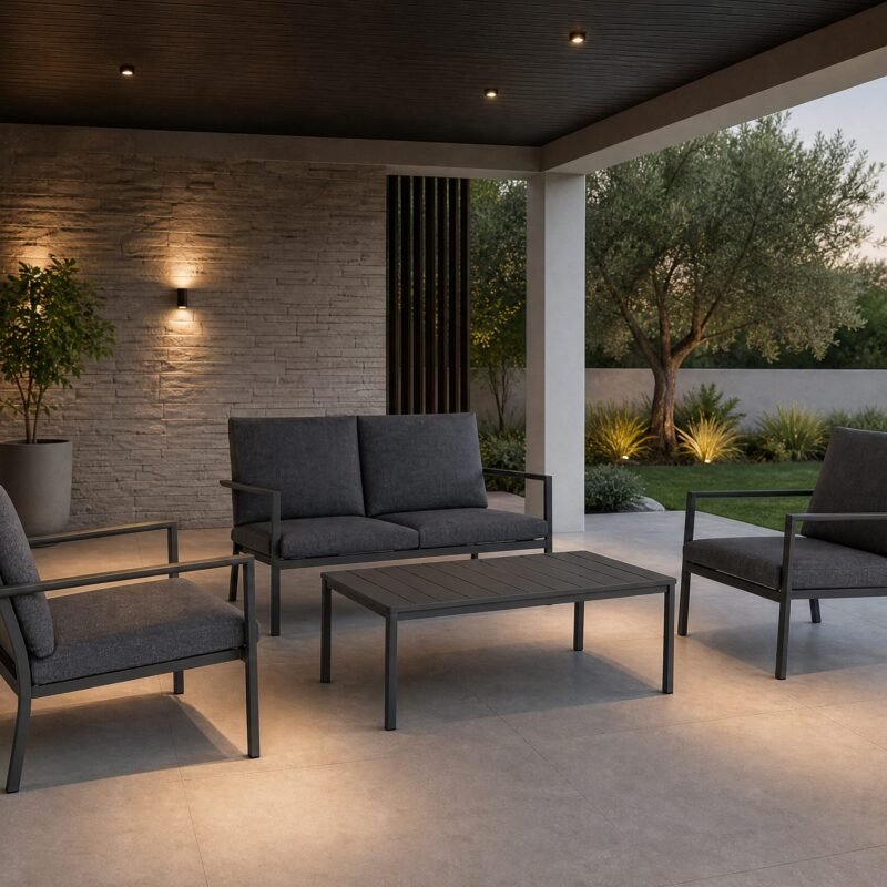 SET4 SALOTTO C-C KONNOR ANTRACITE CX2310 - JOLLYGIUNCO Modern outdoor patio with gray cushioned seating, a low coffee table, stone wall, and a landscaped garden with trees at dusk.