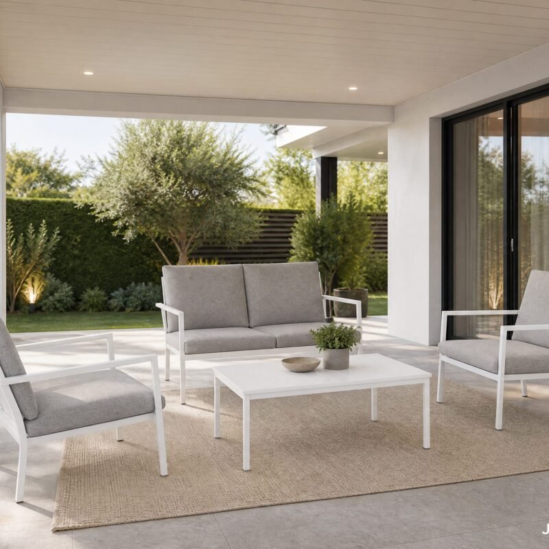 Modern outdoor patio with white-framed sofas and chairs on a beige rug, overlooking a green garden outside the house.