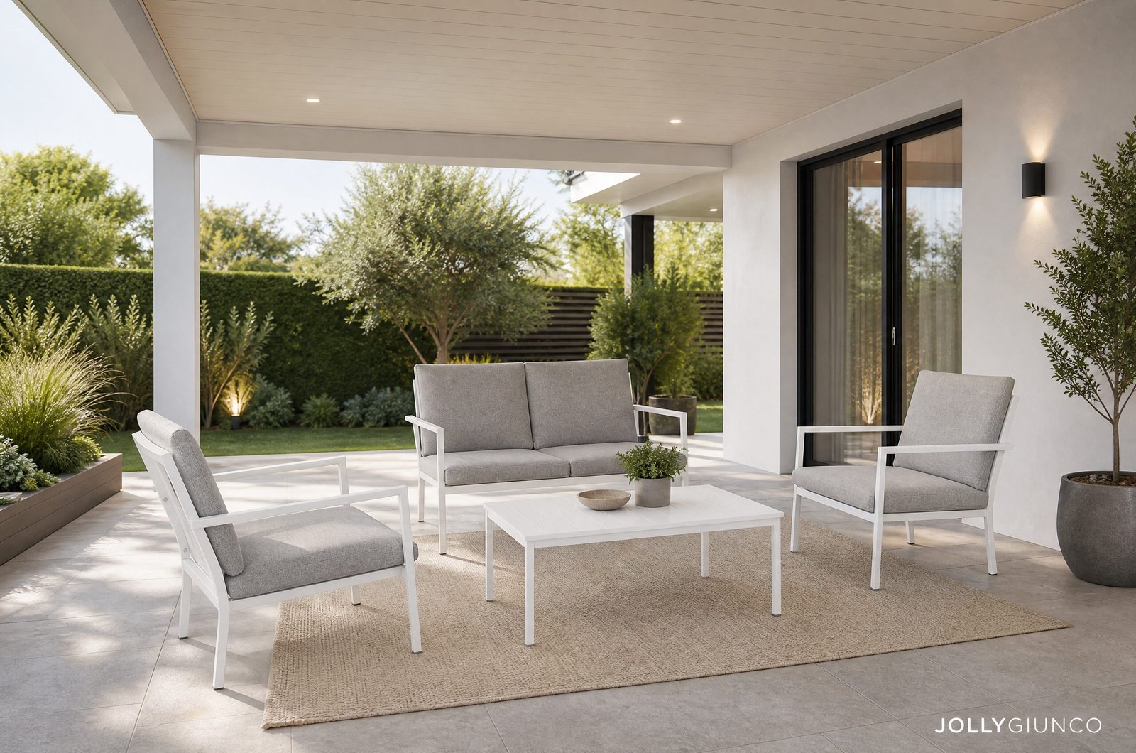 SET4 SALOTTO C-C KONNOR BIANCO CX2110 - JOLLYGIUNCO Modern outdoor patio with white-framed sofas and chairs on a beige rug, overlooking a green garden outside the house.