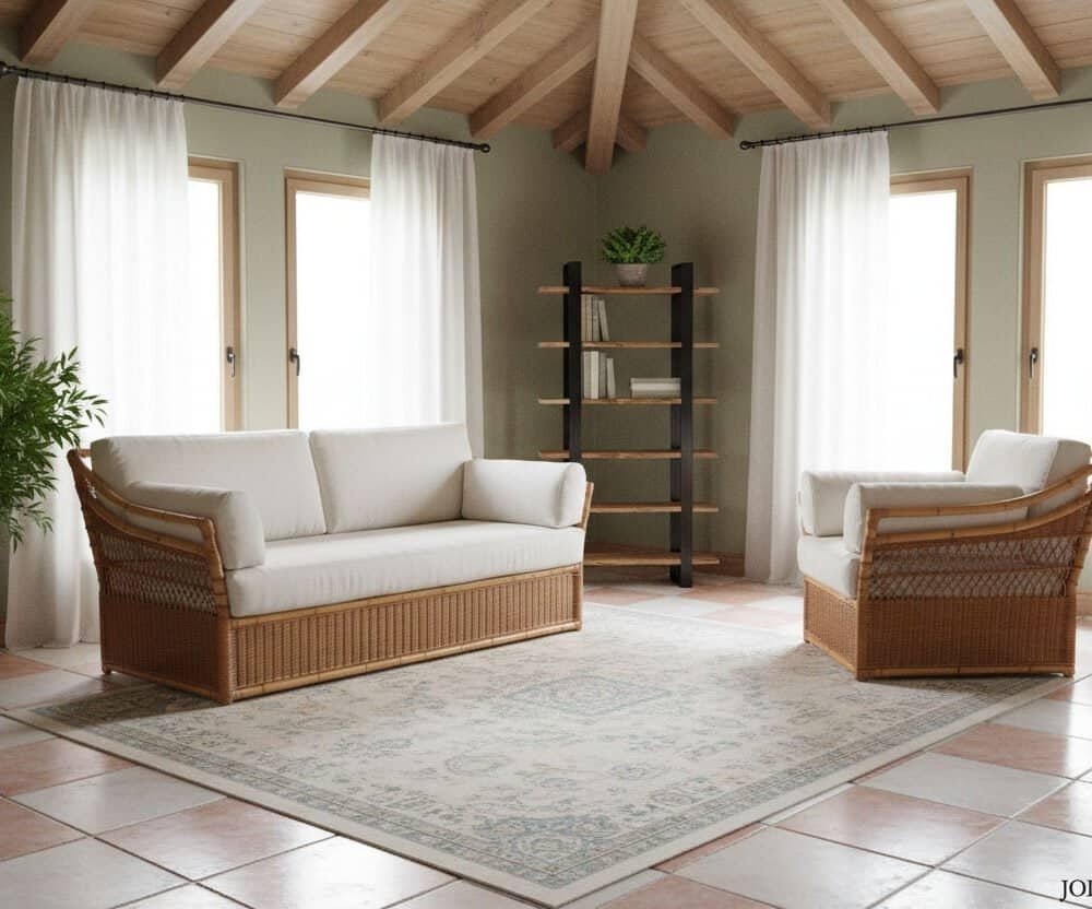 Libreria Artur in soggiorno con mobili in rattan e spazio per libri e decorazioni.