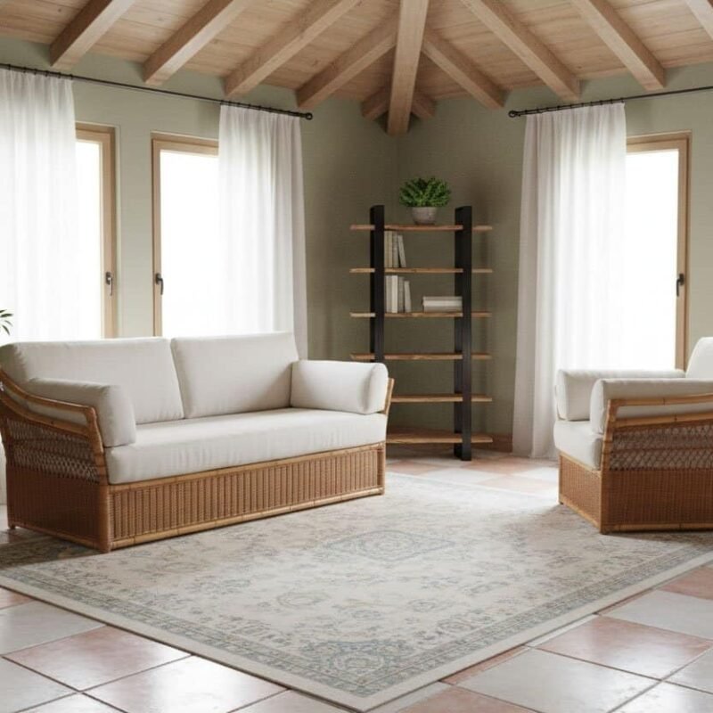 Libreria Artur in soggiorno con mobili in rattan e spazio per libri e decorazioni.