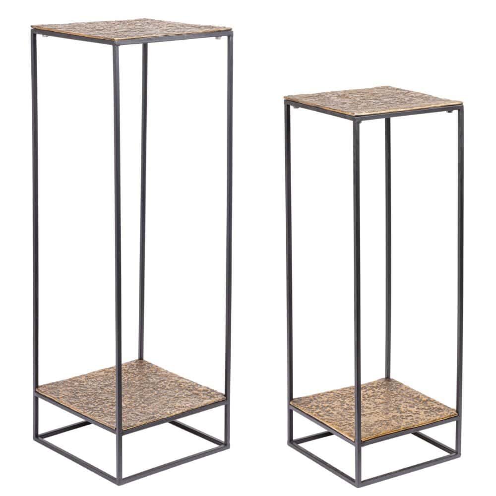 Supporto decorativo in metallo con superficie in pietra naturale di design.