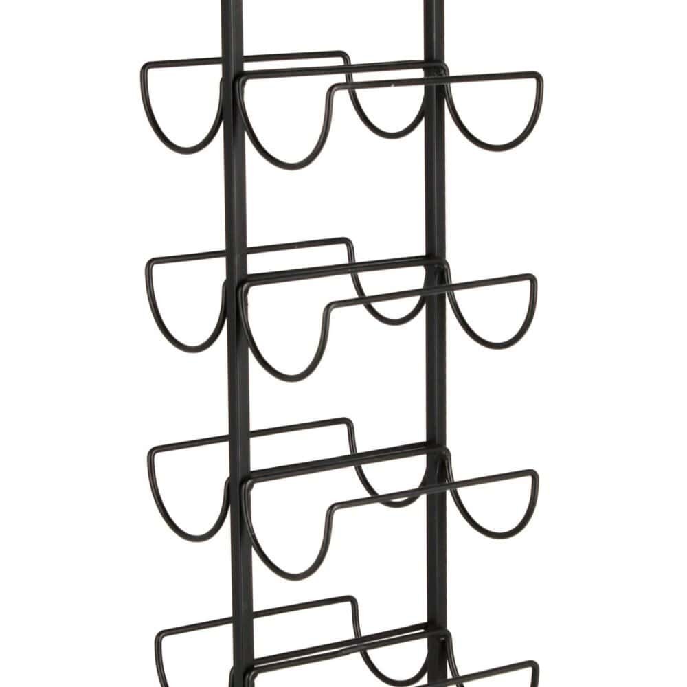 Porta bottiglie con supporto in acciaio nero e manico in legno, ideale per vini e bottiglie in casa o ristorante.