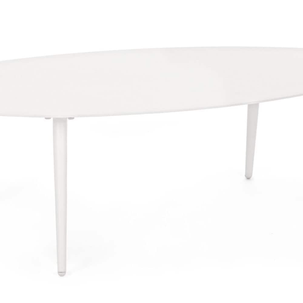 Tavolo bianco elegante con design minimalista, ideale per soggiorno o sala da pranzo.