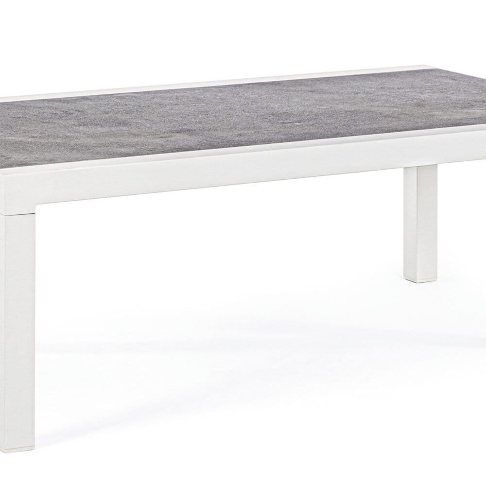 Tavolo bianco moderno con piano in tessuto grigio, perfetto per ambienti living contemporanei.