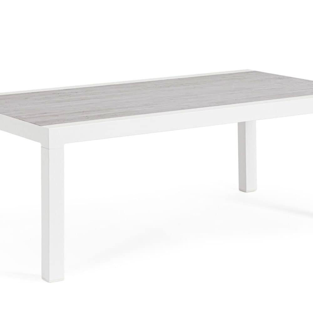 Testo alternativo: Tavolo da cucina o soggiorno con struttura bianca e top in legno naturale, design elegante e funzionale.