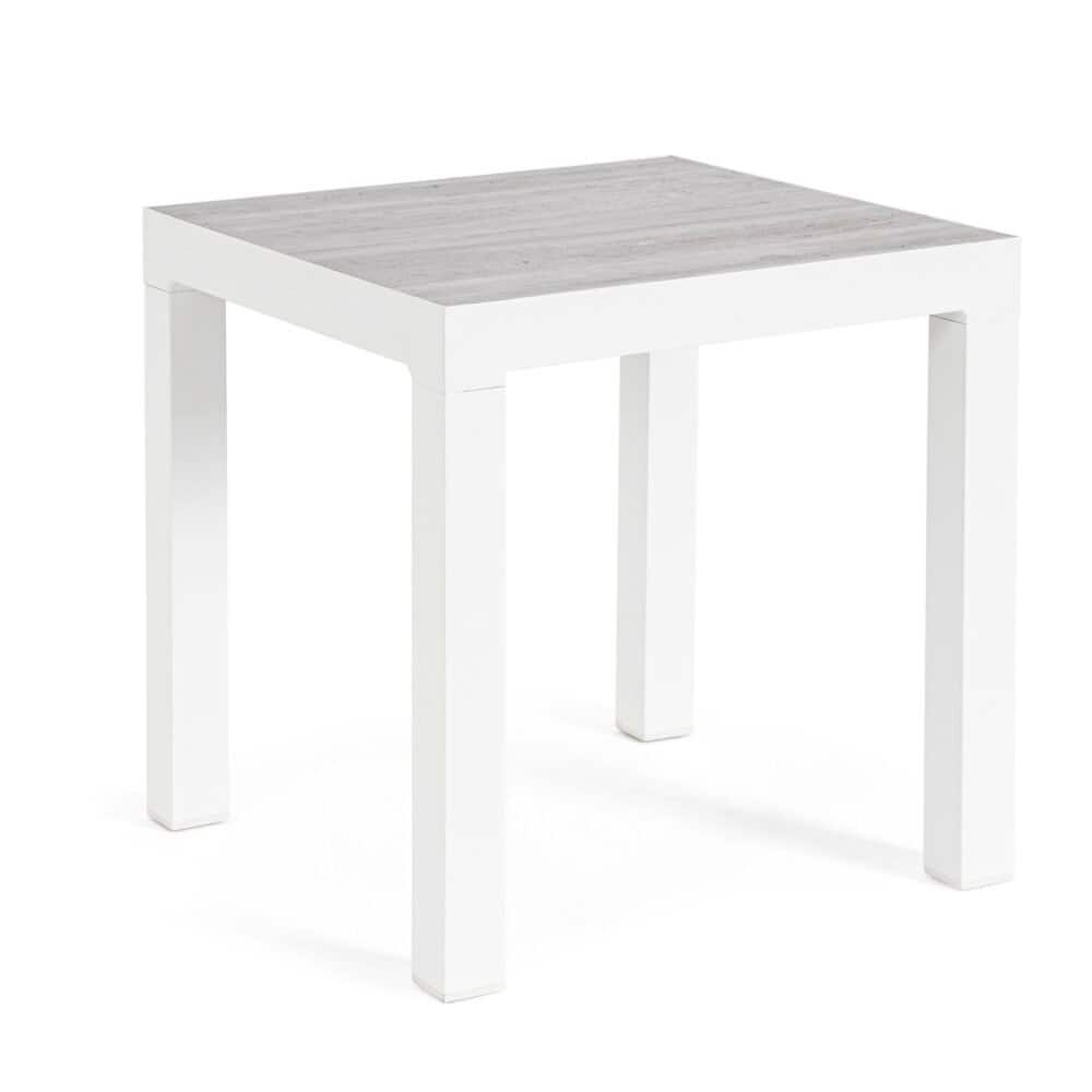 Tavolo quadrato bianco con top in legno naturale, perfetto per arredare il soggiorno o la sala da pranzo.