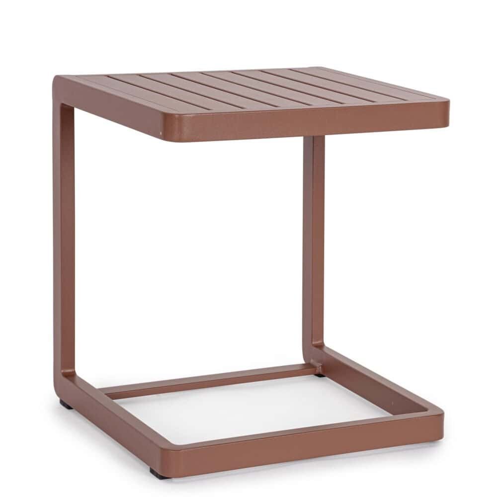 Tavolino da giardino in plastica marrone con struttura moderna e resistente.