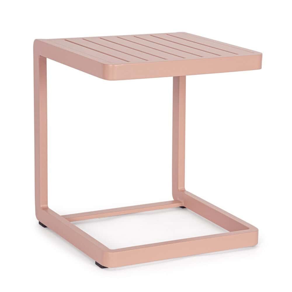 AI text only (max 100 caratteri): Tavolo moderno rosa in metallo con superficie liscia, perfetto per interni eleganti.