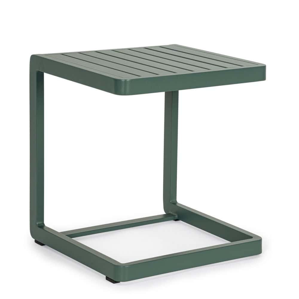 Tavolino da esterno in alluminio verniciato verde, ideale per giardini e terrazzi, design resistente e di tendenza.