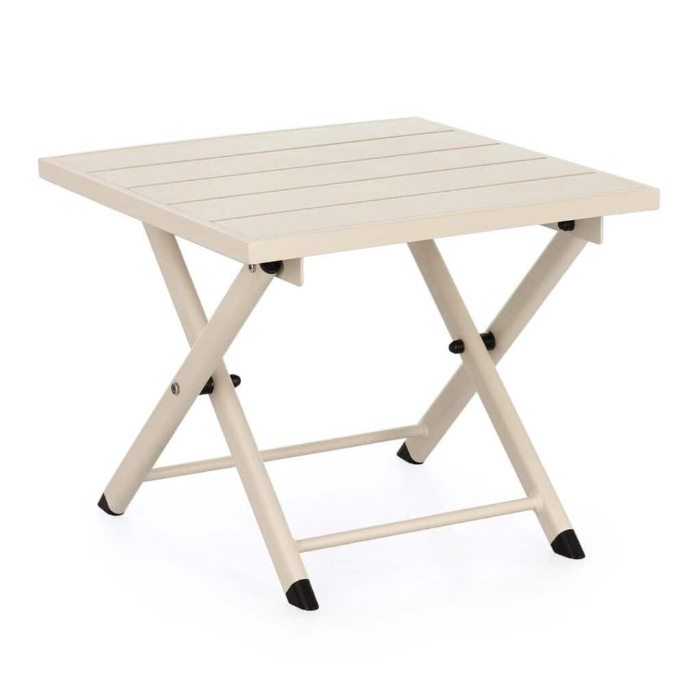 Tavolo pieghevole in legno bianco, ideale per esterni e giardini moderni.