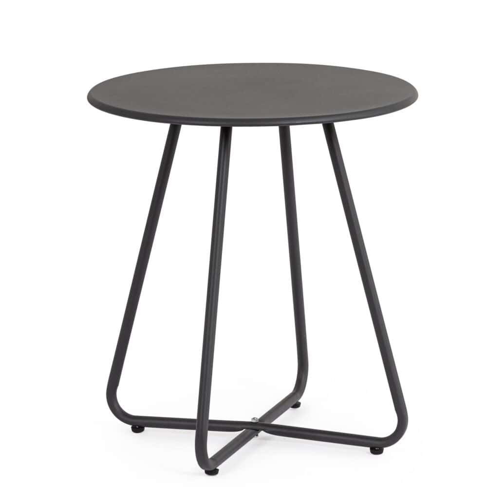 Tavolo moderno nero con gambe in metallo, ideale per soggiorno o ufficio.