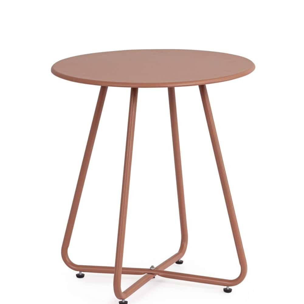 Alt text: Tavolo di design in rosa con gambe di metallo sottili, stile minimalista e elegante.