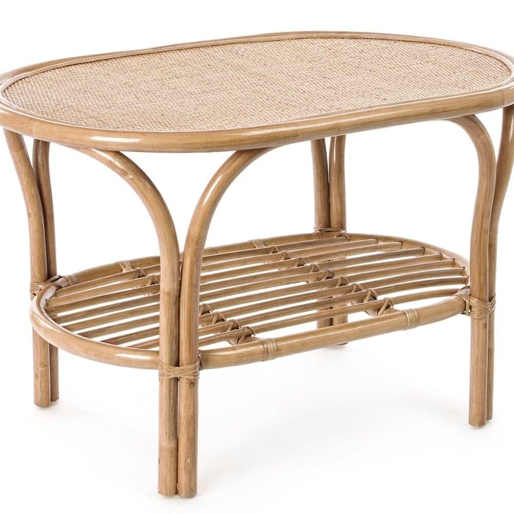 Tavolino in rattan con piano in paglia di Vienna, ideale per ambienti interni ed esterni. Design elegante e resistente.