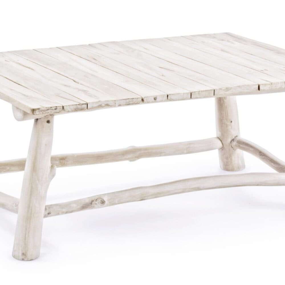 Tavolino in legno bianco naturale, perfetto per ambienti esterni e interni, design rustico e stile shabby chic.
