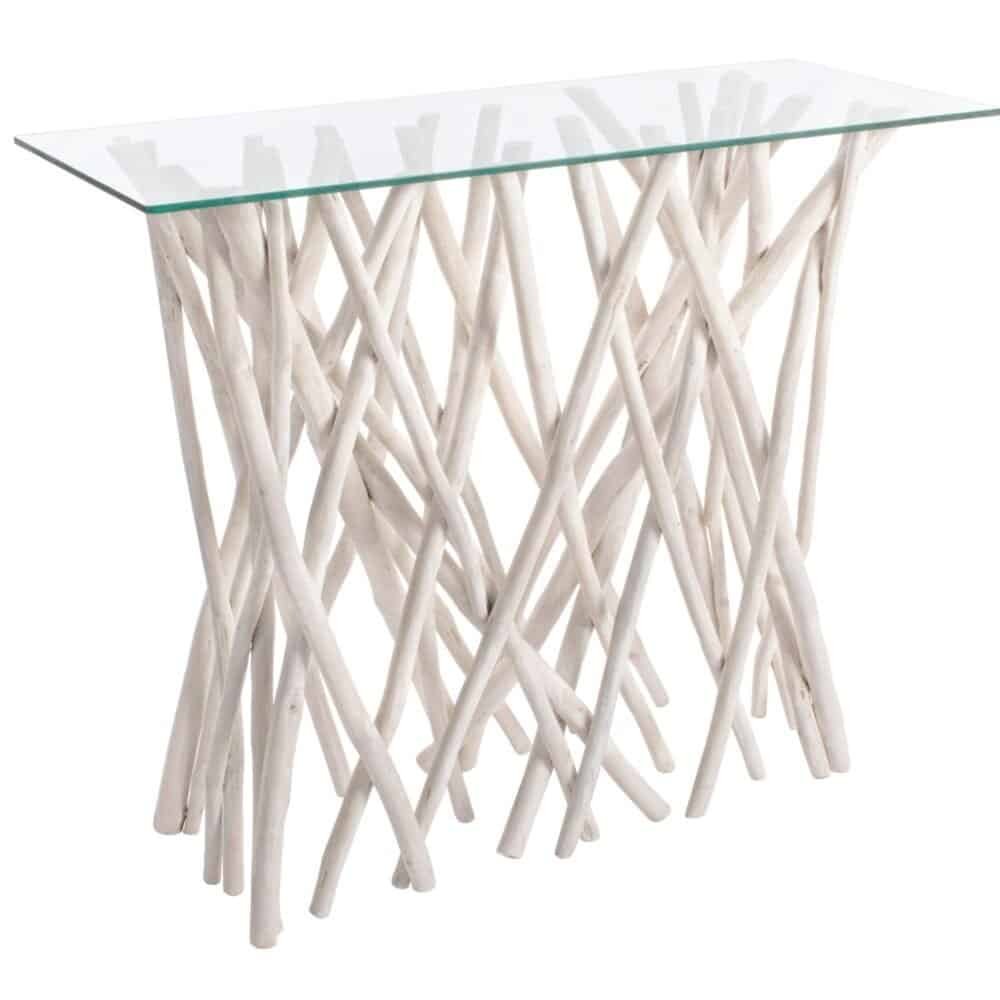 Tavolo elegante con struttura in legno incrociato e piano in vetro trasparente. Stile moderno e sofisticato.