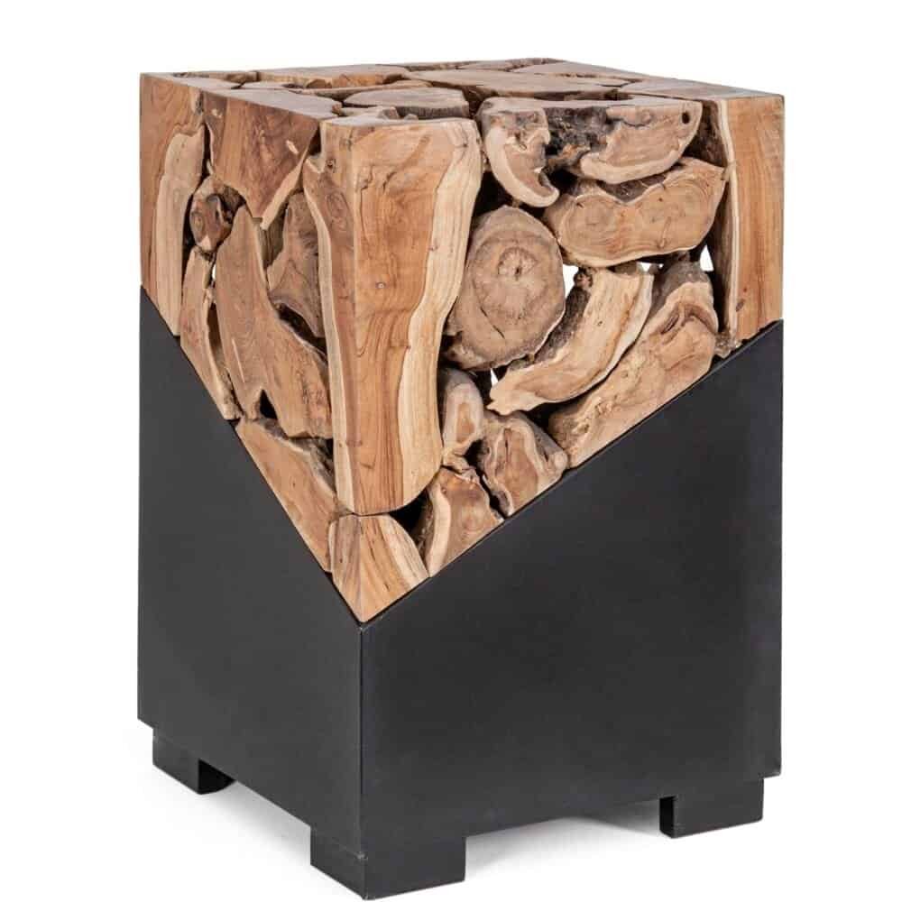 Panchina in legno con base nera elegante e moderna.