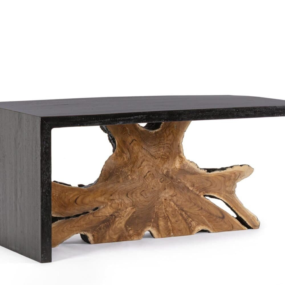 Tavolo moderno con base in legno naturale e piano in cemento nero, stile elegante e innovativo.