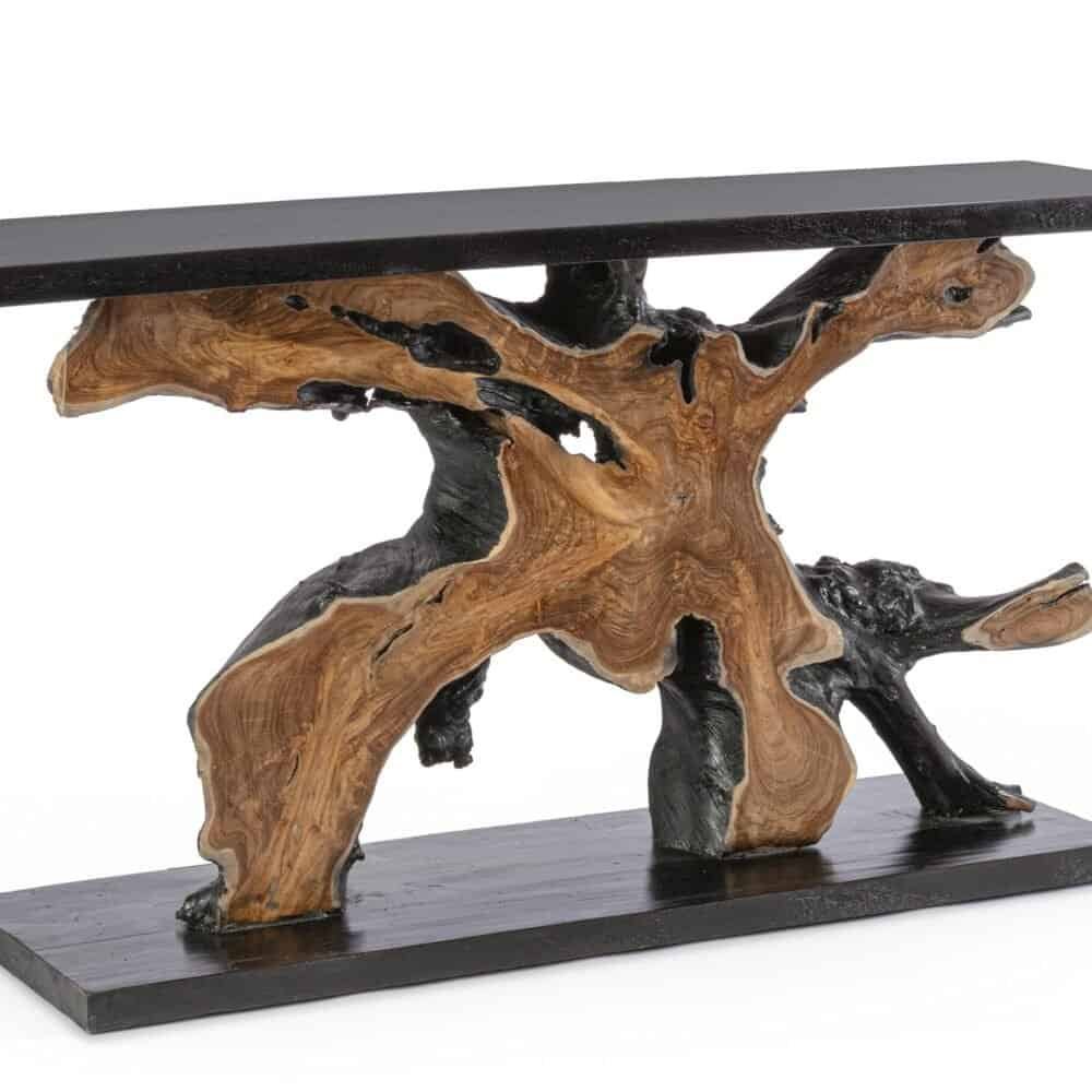 Tavolo stile industriale con base in legno grezzo e piano in legno scuro.