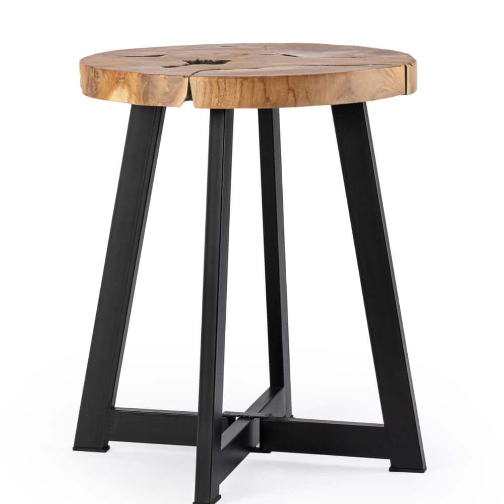 Alt text: Tavolino in legno massiccio con base in metallo nero, stile industriale elegante.