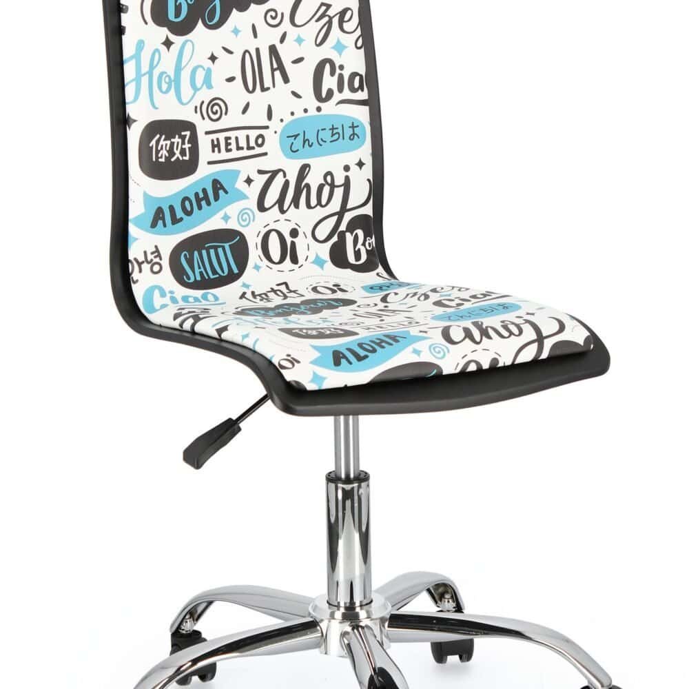 Sedia ergonomica con rivestimento grafico multilingue, mercato internazionale, comfort e stile.