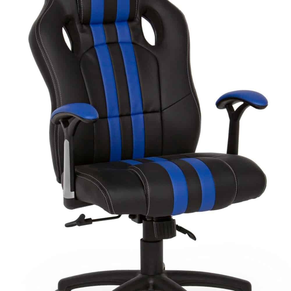 Sedia ergonomica nera e blu, ideale per gaming e ufficio, comfort e stile garantiti.