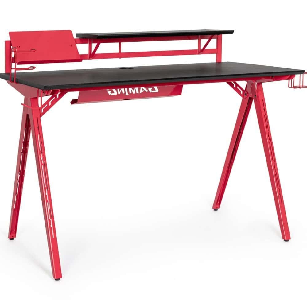Panca da lavoro in ferro rossa con ripiano nero, ideale per officina, garage e progetti fai-da-te. Struttura robusta e funzionale.