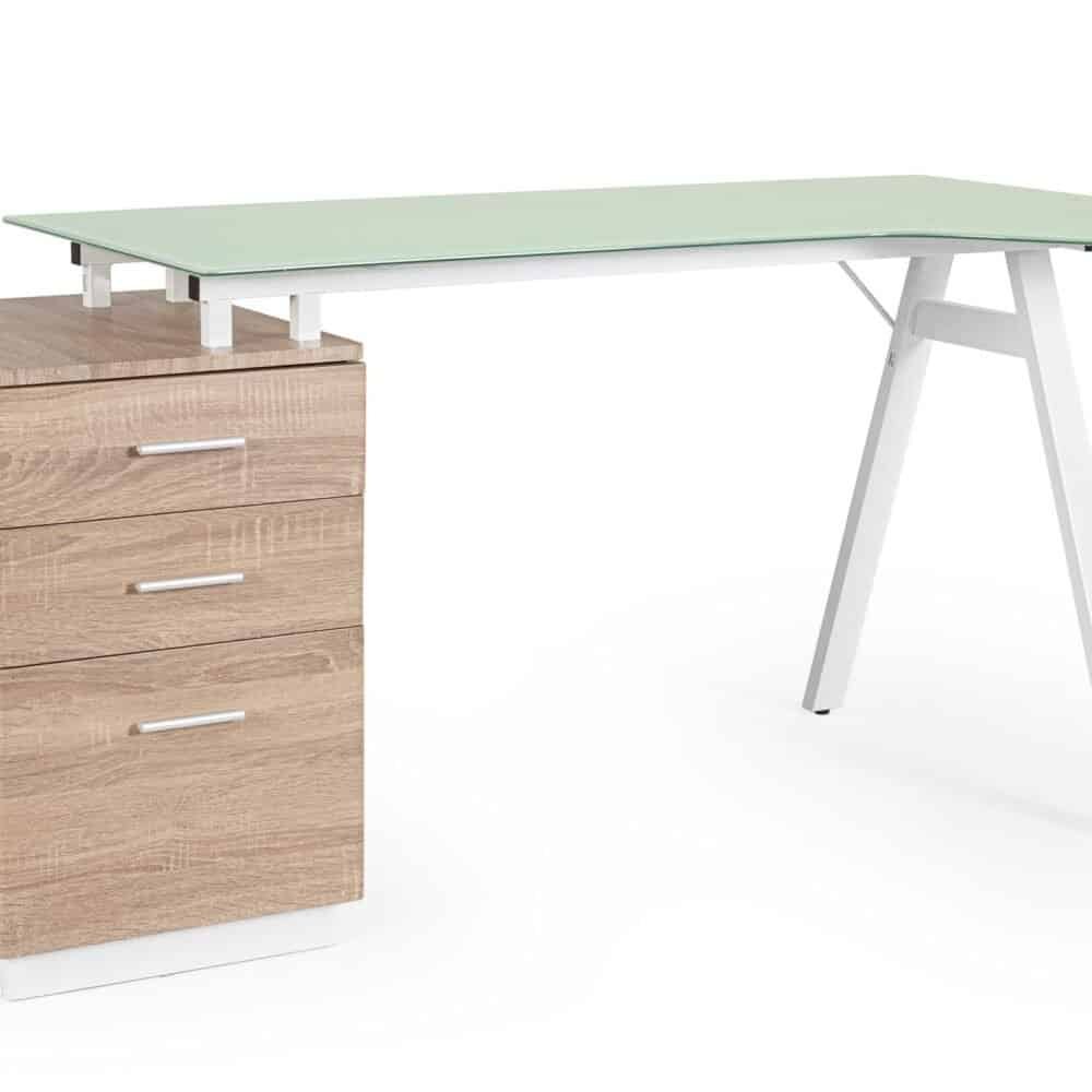 Scrivania con cassetti in legno e piano in vetro verde, design elegante e funzionale, perfetta per ufficio o studio.