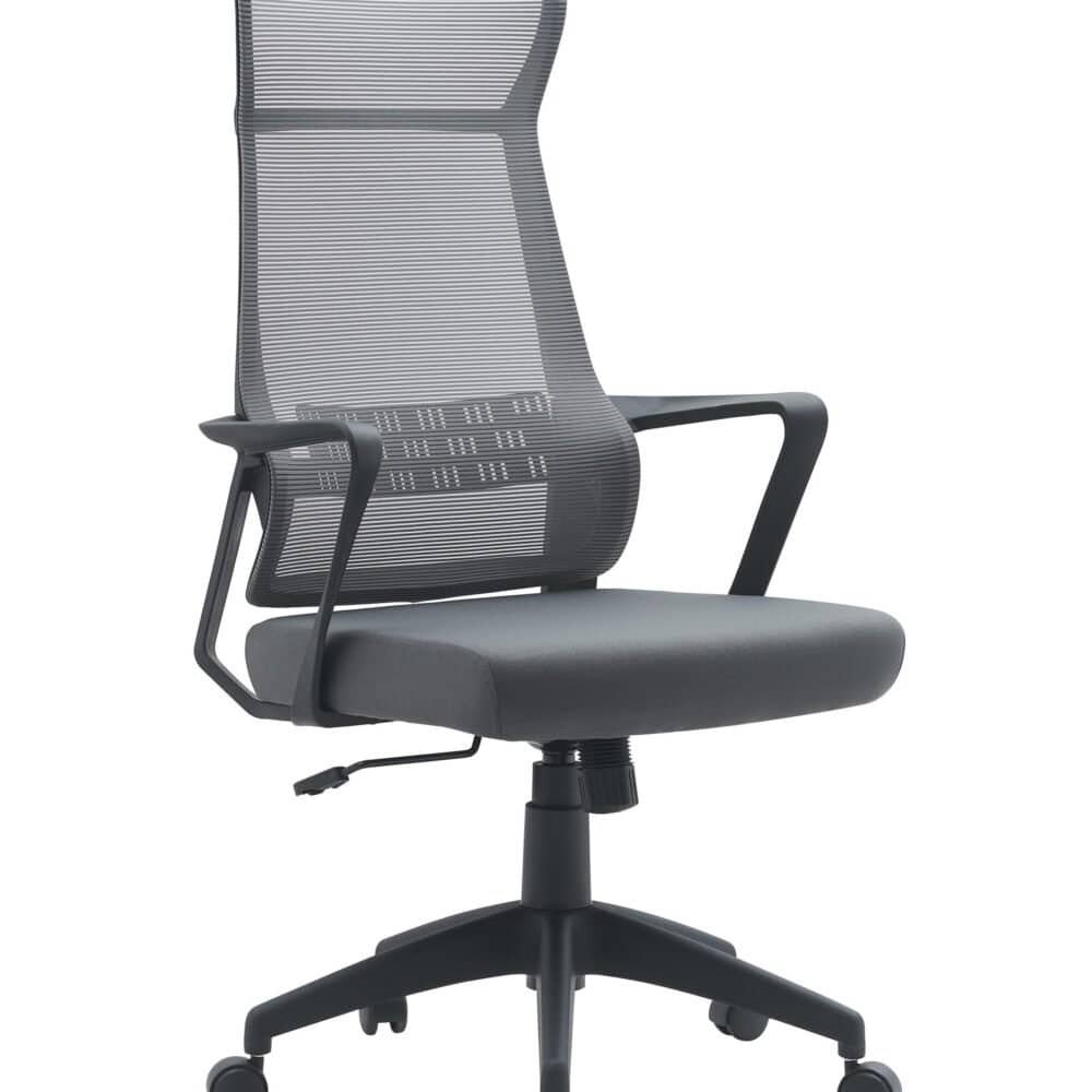 Sedia da ufficio ergonomica con schiuma, rete traspirante e supporto alto.