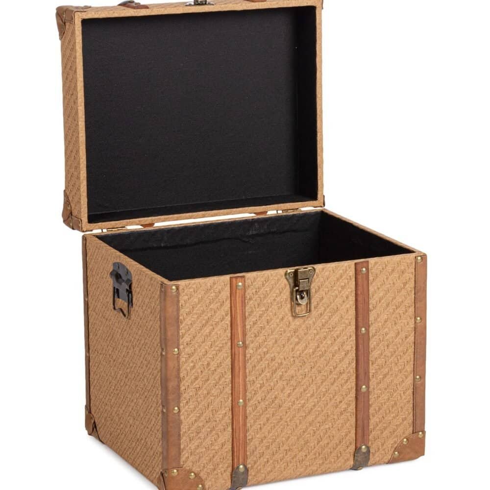 Cofanetto di lusso in tessuto e pelle con chiusura metallica per oggetti vintage e decorativi.