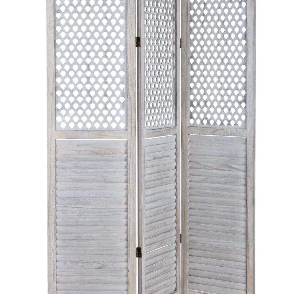 Schermo decorativo in legno bianco con goffrature e motivi traforati, ideale per interni e esterni.