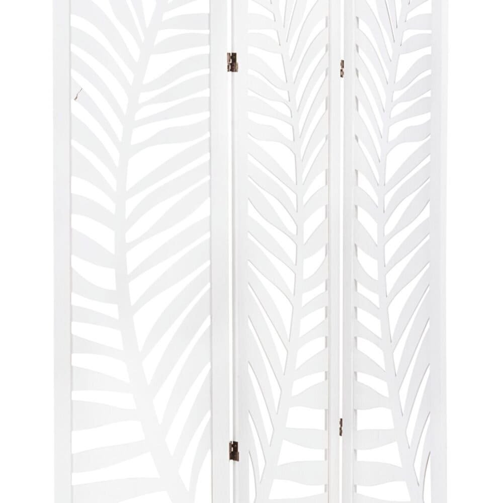 Divisorio in legno bianco con design a foglia, perfetto come paravento decorativo e divisorio d’ambiente.