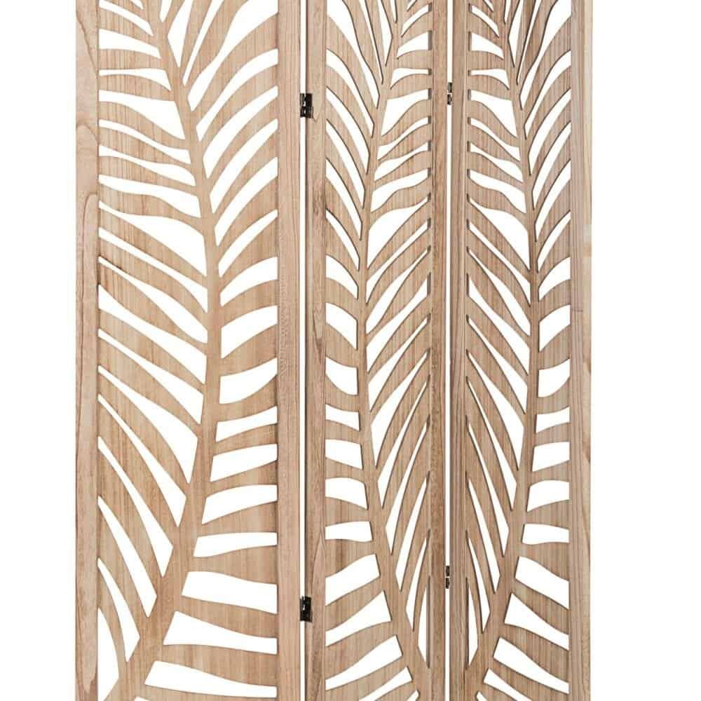 Alt text: Schermata divisoria in legno naturale con motivo foglia tropicale scolpito.