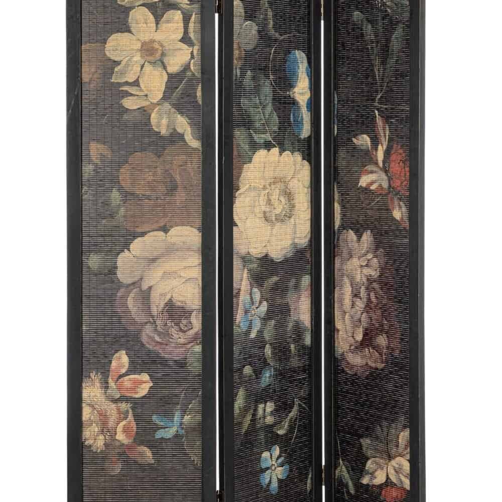 Divisorio decorativo con fiori dipinti a mano, struttura in legno nero, perfetto per ambienti eleganti.
