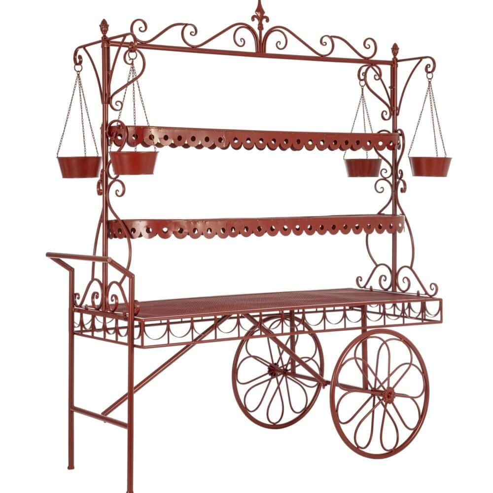 Vetrina decorativa in ferro battuto con ruote e piani per piante e oggetti autentici.