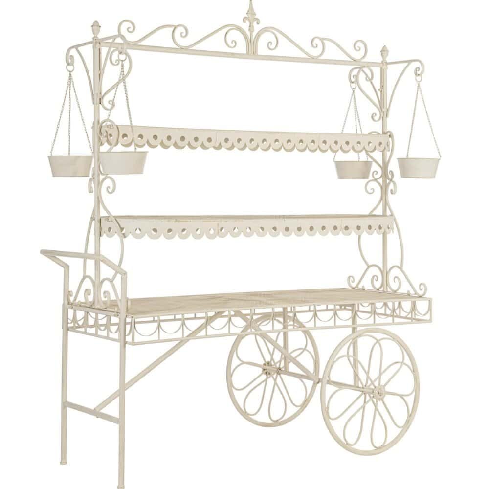 Carrello decorativo in ferro bianco con ruote e balconcini.