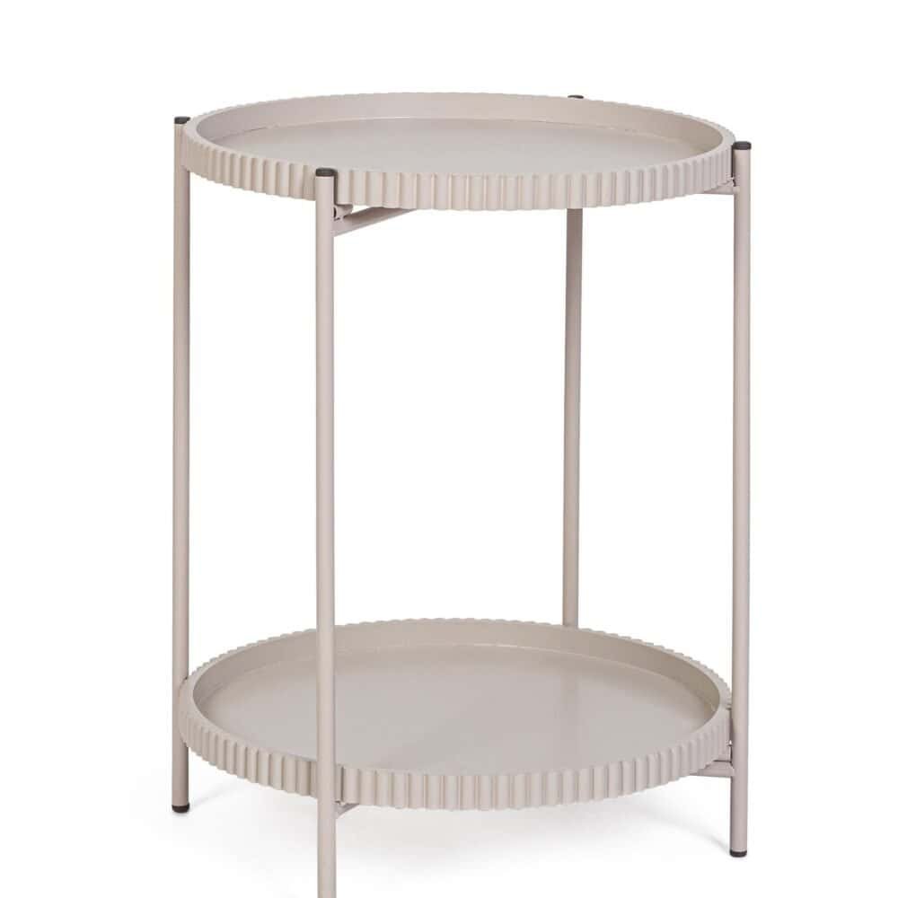 Tavolo in metallo bianco con superfici rotonde e dettagli eleganti, ideale per ambienti moderni e di design.