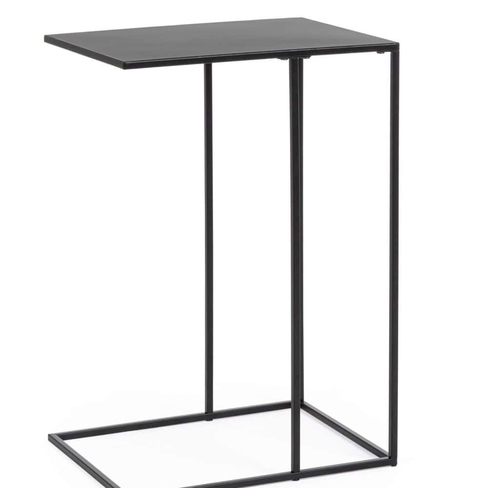 Alt text: Tavolo minimalista nero con base in metallo e superficie piatta liscia.