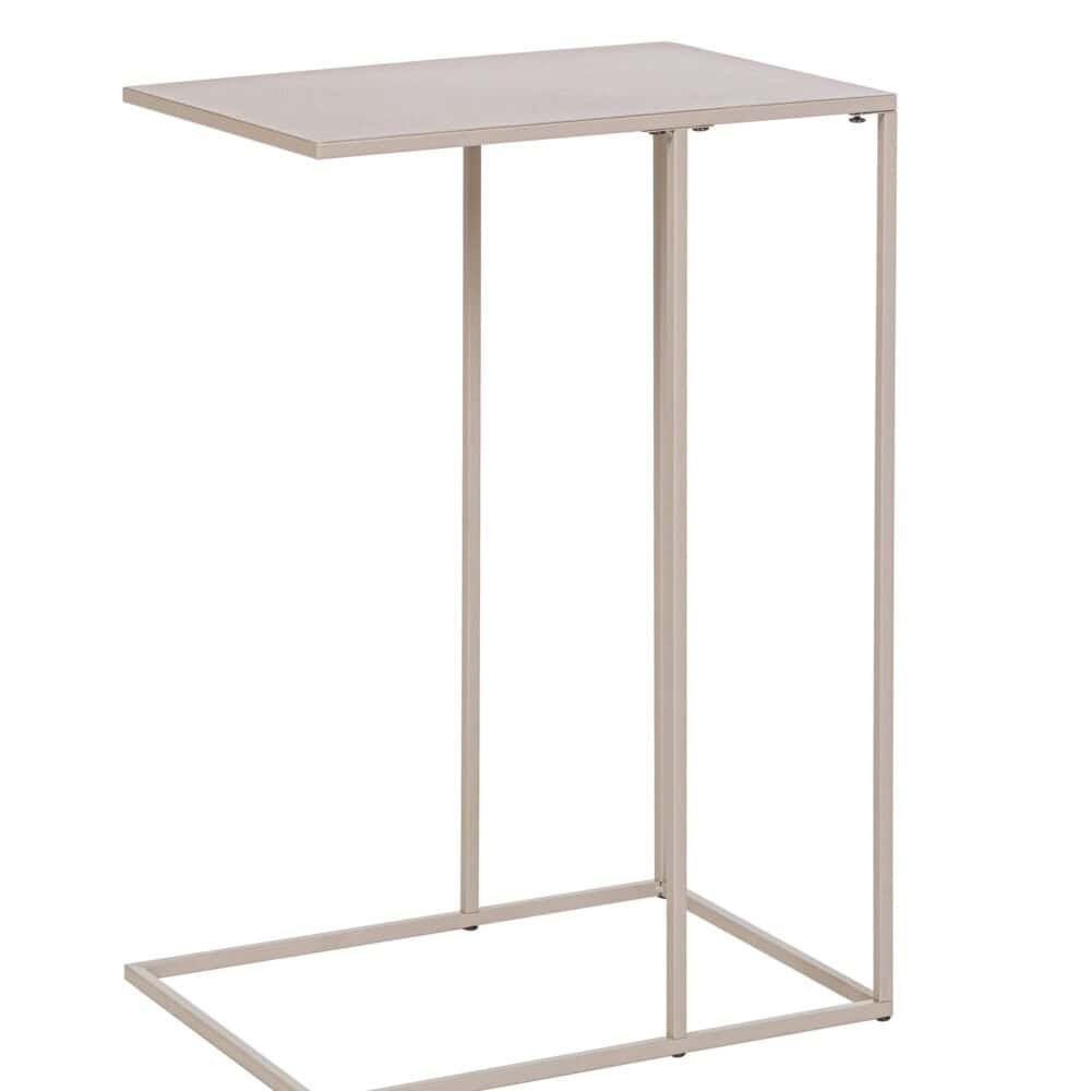 Soffice tavolo dal design minimalista con struttura in metallo e superficie in vetro.