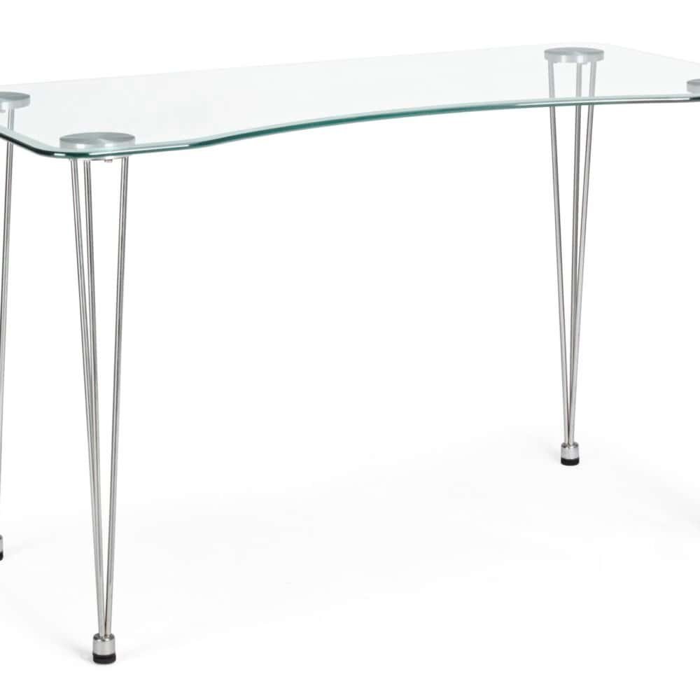 Tavolo moderno in vetro e metallo con gambe alte, perfetto per arredamenti eleganti e contemporanei.
