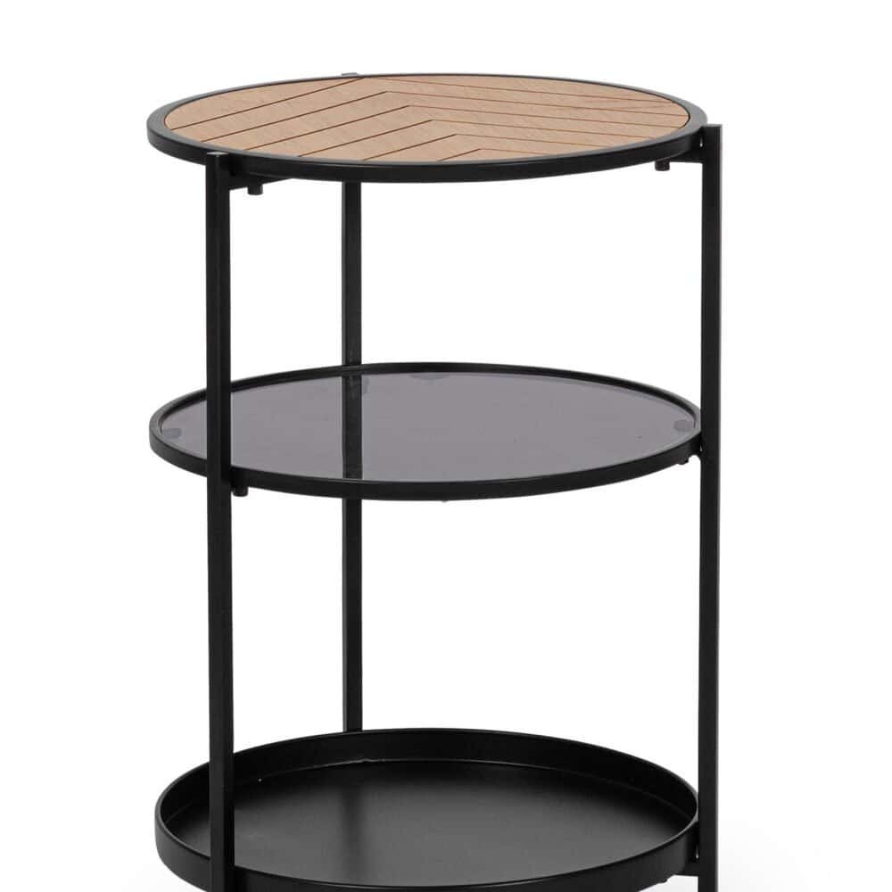 Tavolino in metallo con tre piani rotondi, stile contemporaneo, design funzionale, ideale per soggiorno o ingresso.