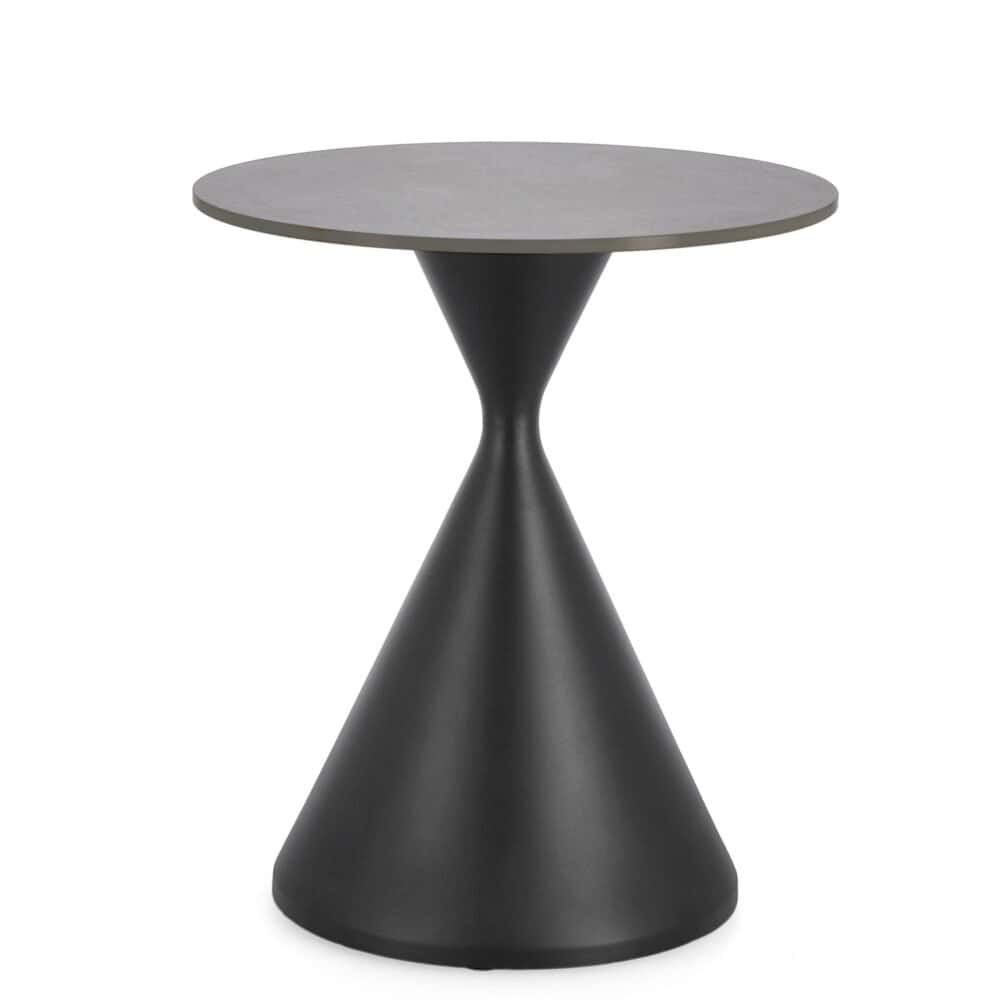 Alt: Tavolo contemporaneo con piano rotondo in legno e base conica nera, stile minimalista.