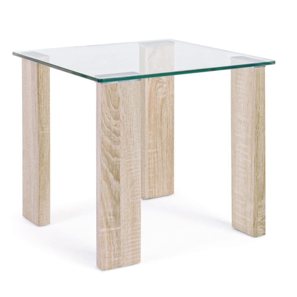 Tavolo moderno con piano in vetro e gambe in legno naturale, perfetto per interni raffinati.