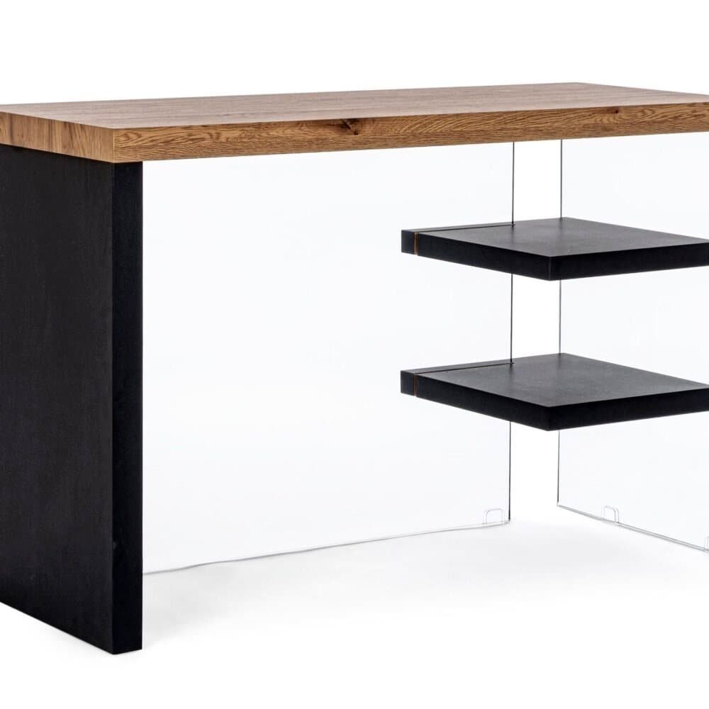 Descrizione immagine di un tavolo design con piano in legno e dettagli in vetro e metallo nero.