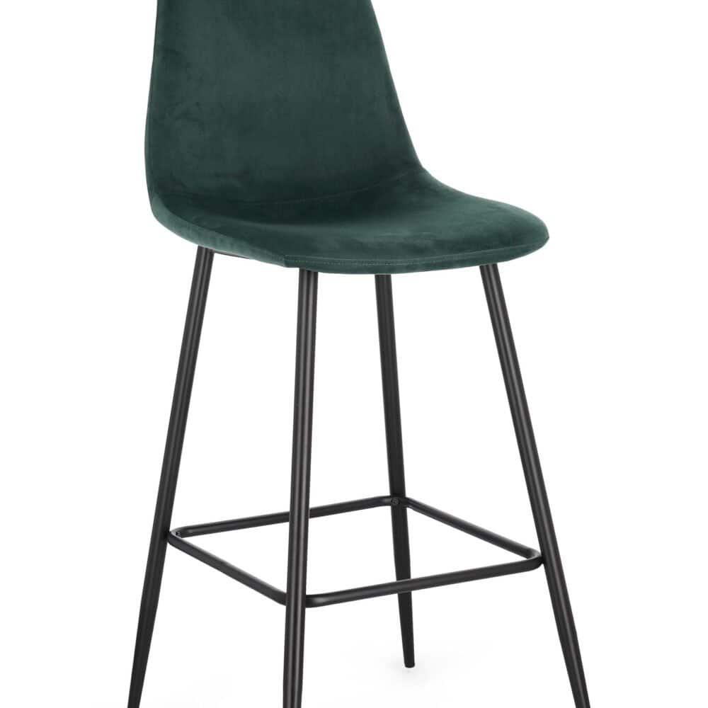 Sedia alta moderna con seduta in velluto verde e struttura nera in metallo, ideale per cucina o bar.